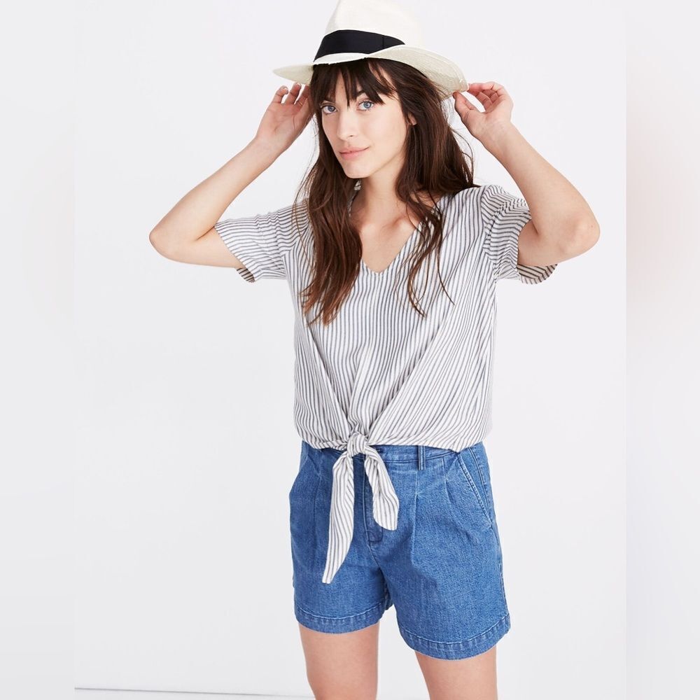 Madewell Novel Tie-Front Top in Stripe Cream Navy Boho Preppy Layering‎ Size XS